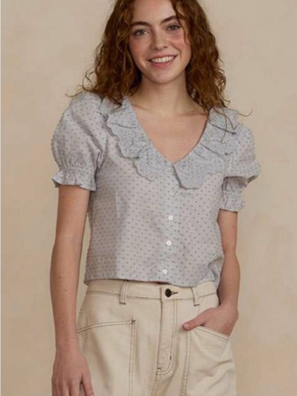Rylee + Cru Bella Blouse in Dusty Blue Swiss Dot
